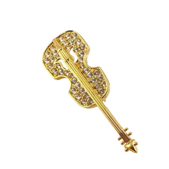 Violin Brooch Pin Gold Plated Clear Rhinestone, Gift for Musician - Picture 4 of 7
